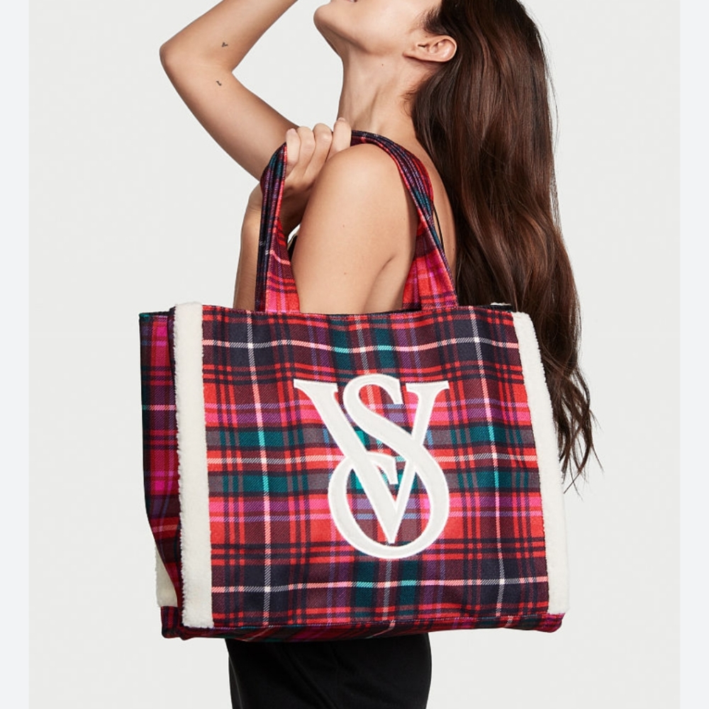 Victoria's Secret Plaid Tote Bag | Faux Fur Trim Red Black Green Large